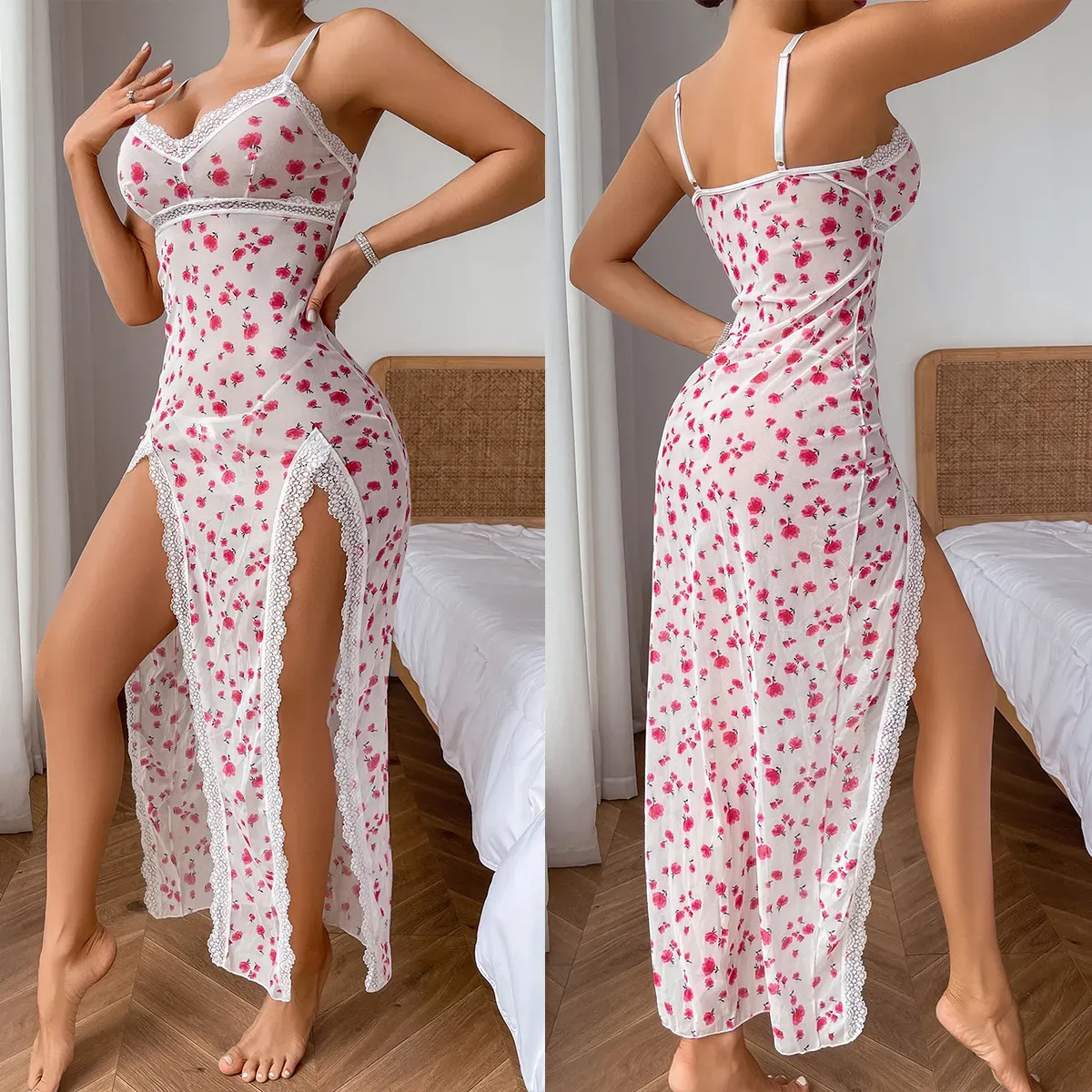 Fragmented Flower Sheer Lace Long Dress