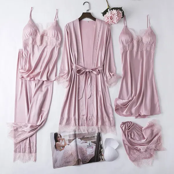 Full Slip Lace White Silk Pajamas Set Women 5PCS