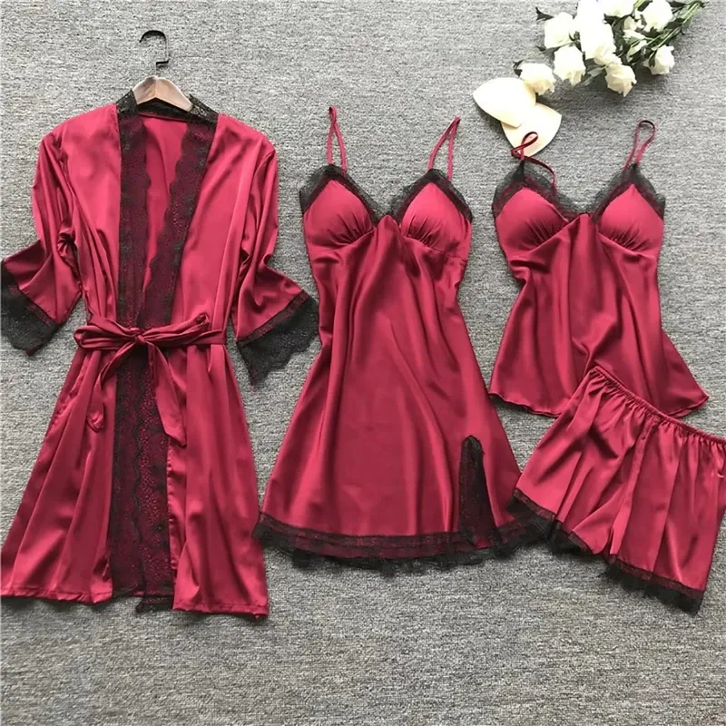 4-Piece Padded Luxury Satin Lace Sleepwear Set