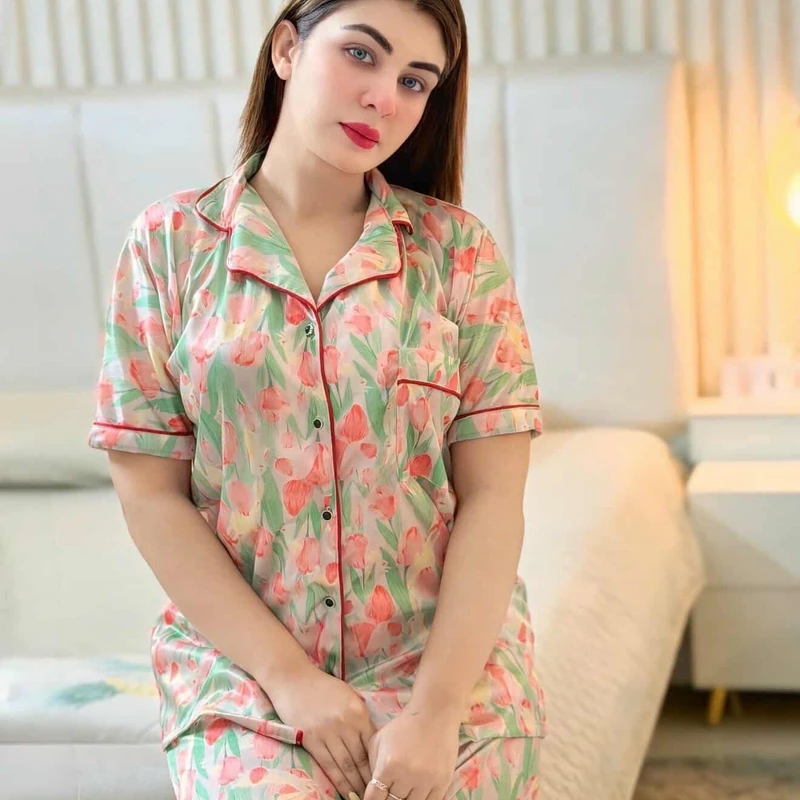 Soft Peach Floral Satin Nightwear Set for Women