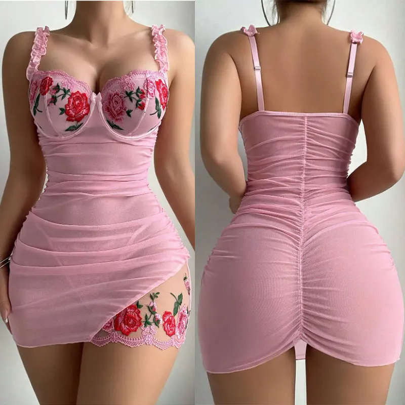 Embroidered Flower Mesh Two-Piece Night Dress