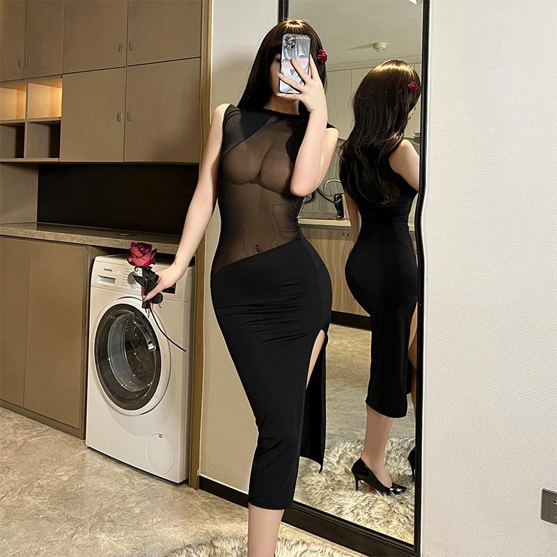 Round Neck Comfortable Thin Split Mid Length Gown Transparent