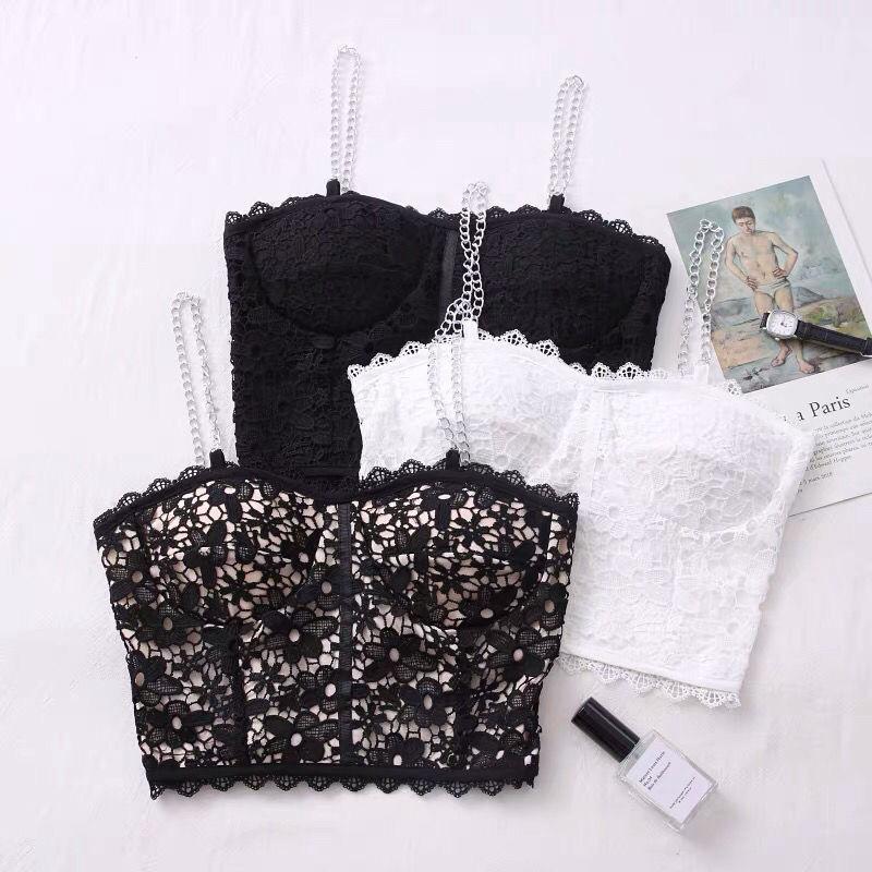 Lemongrass- Chain-Strap Lace Bustier Top