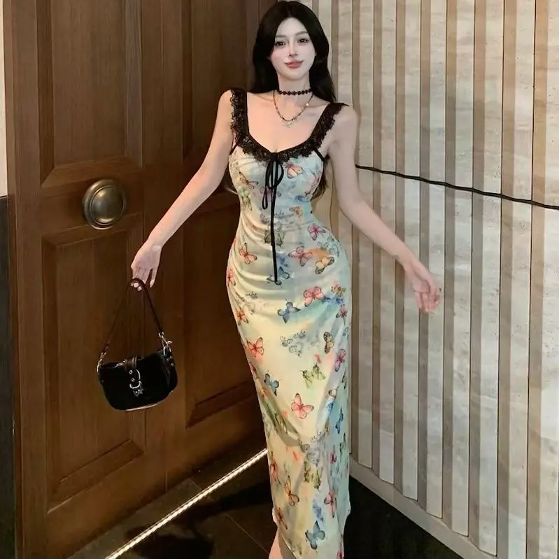 Women's Butterfly Print Lace Bandeau Dress