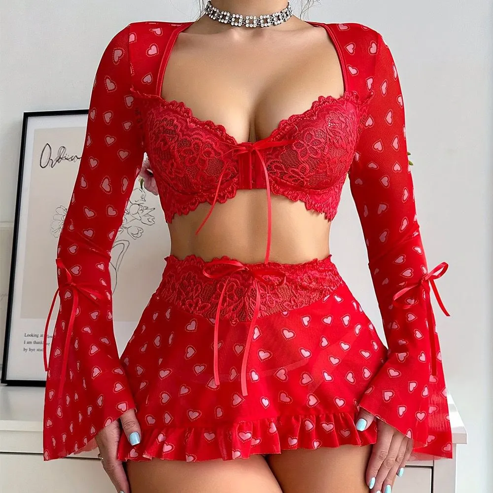 Red Heart-Print Lace Top & Ruffled Mini Skirt Set