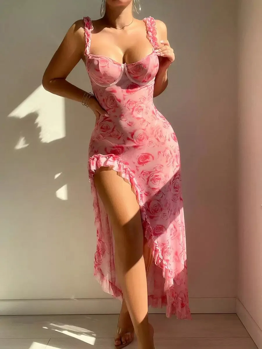 Blushing Rose Floral Ruffle Maxi Dress